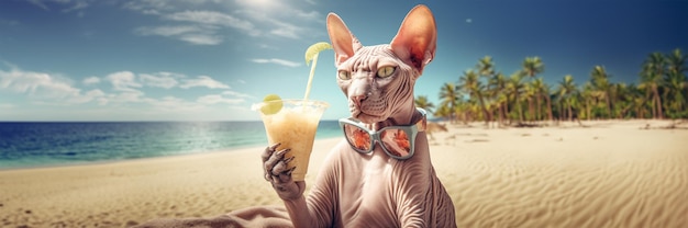 ビーチで楽しむジュースのグラスを持つ猫