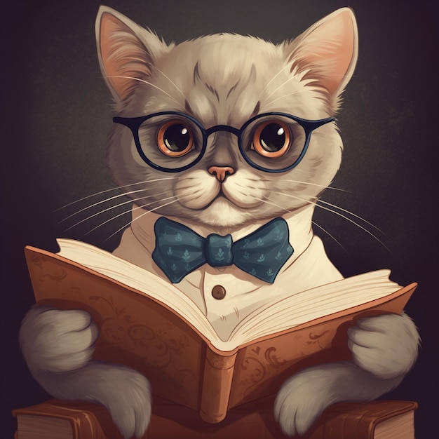 メガネと蝶ネクタイをした猫が本を持っています。