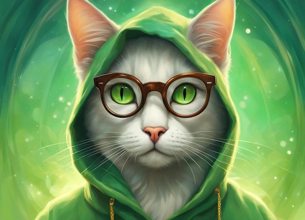 Photo cat with glasses cat in a green hoodie round glasses ginger cat close up fantastic background