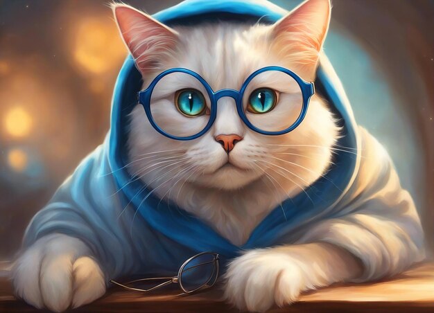 Фото Кошка в очках кошка в синем капюшоне круглые очки джинджер кошка вблизи фантастический фон
