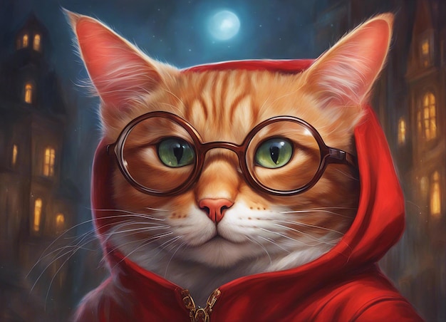 Photo cat with glasses cat in a red hoodie round glasses red cat closeup fantastic background