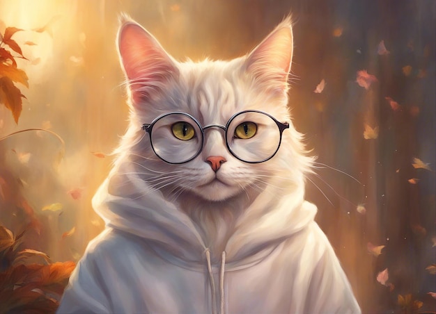 Photo cat with glasses cat in a white hoodie round glasses cat close up fantastic background