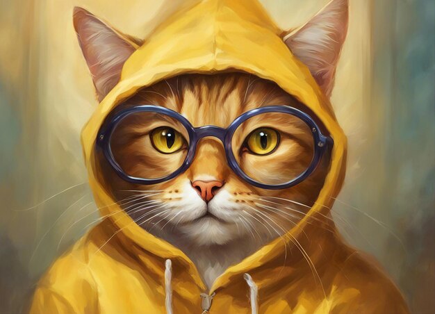 Photo cat with glasses cat in a yellow hoodie round glasses ginger cat close up fantastic backdrop