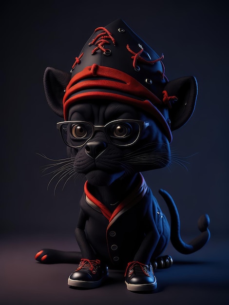 A cat with glasses and a hat that says'cat'on it