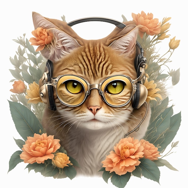 A cat with glasses and headphones is wearing a headphones.