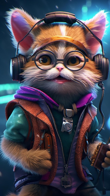 A cat with glasses and a headphones