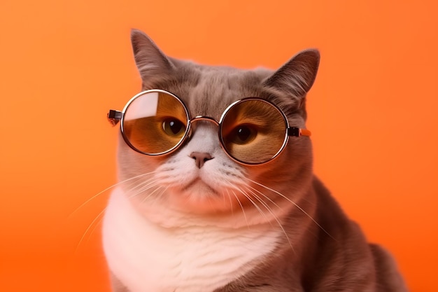 Cat with glasses on and a orange background