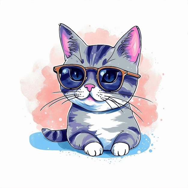 A cat with glasses and a pink background