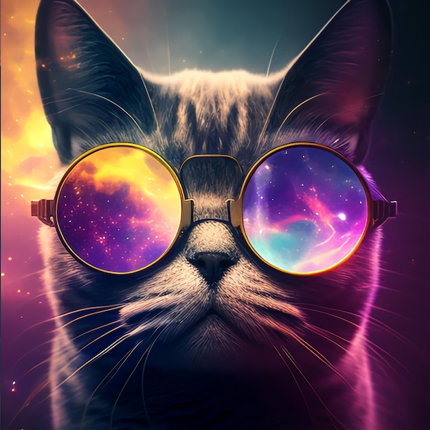 A cat with glasses and a purple and blue background.