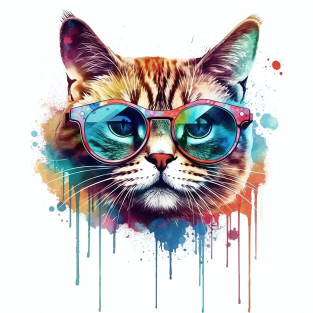Cat with glasses and a rainbow colored background