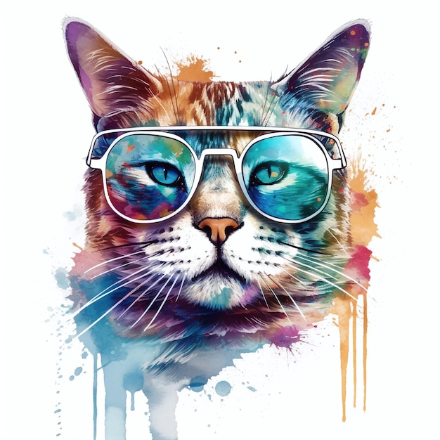 A cat with glasses and a rainbow colored background.