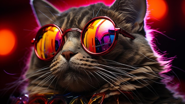 A cat with glasses and a rainbow colored face