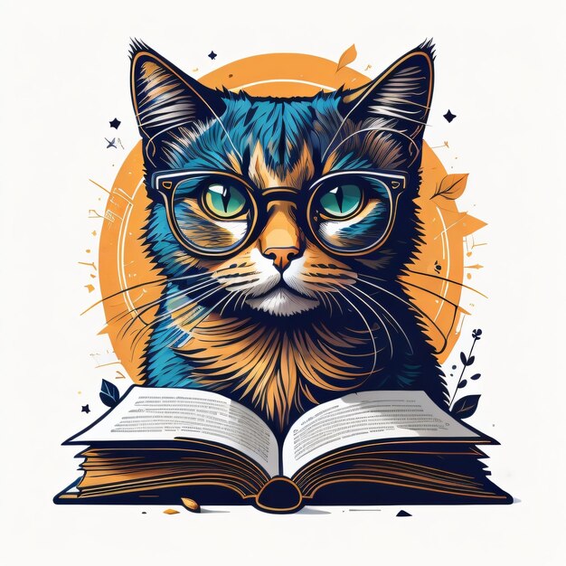 A cat with glasses reading a book