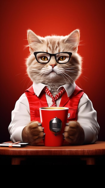 A cat with glasses and a red cup of coffee