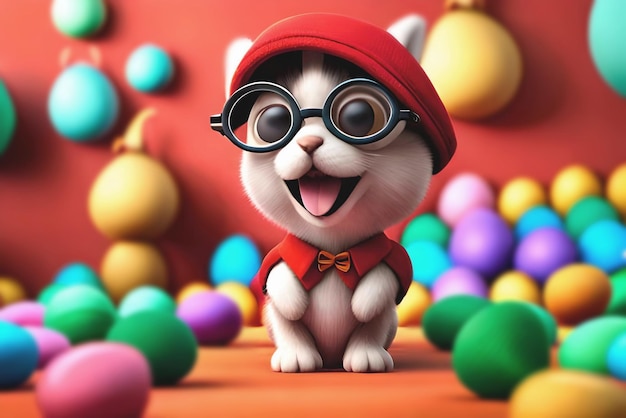 A cat with glasses and a red hat is sitting in front of a red background with christmas balls.