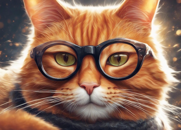Кошка с очками Ученый кошка С круглыми очками Джинджер кошка Клоуз-ап Избирательный фокус, сгенерированный ИИ