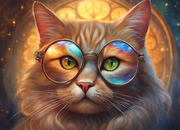 Cat with glasses Scientist cat Round glasses Red cat closeup Fantastic background