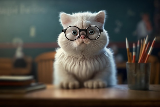 Photo cat with glasses sitting on school desk and learning education student fear excitement anxiety first day come back to school generative ai