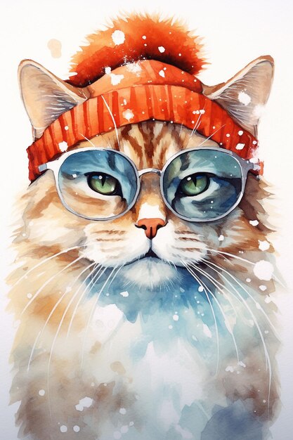 cat with glasses in winter sketch