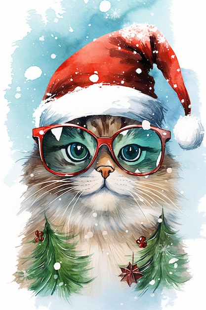 Кот в очках в зимнем эскизе