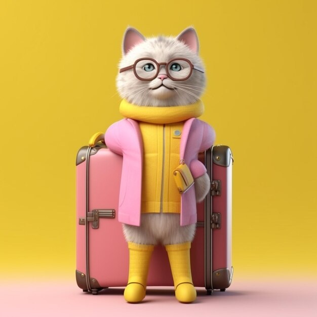 A cat with glasses and a yellow jacket is holding a pink suitcase 3D illustration Generative AI