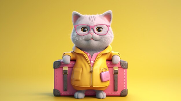 A cat with glasses and a yellow jacket is holding a pink suitcase 3d illustration generative ai