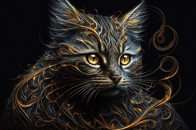 A cat with gold and blue eyes is on a black background.