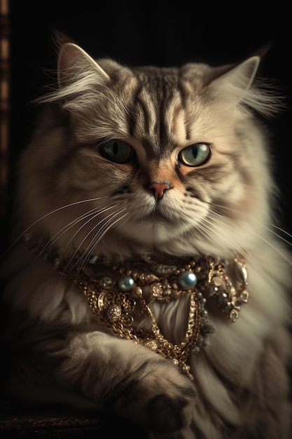 A cat with a gold necklace on it