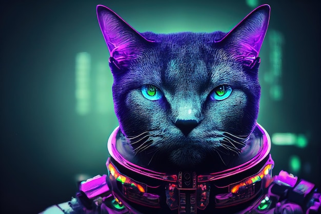 A cat with gray hair in a protective astronaut suit without a\
helmet and green eyes 3d illustration