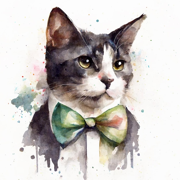 A cat with a green bow tie is shown.