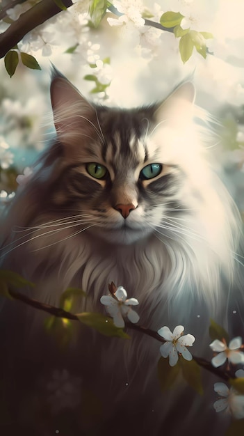 A cat with a green eye is in a flowery garden.