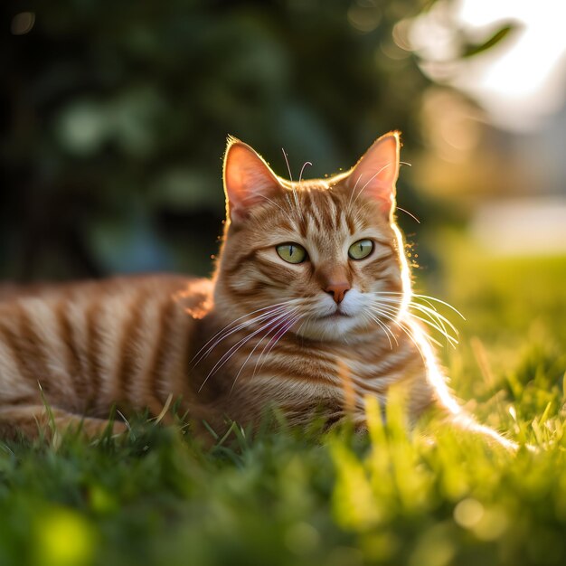 녹색 눈을 가진 고양이가 풀밭에 누워 있습니다.