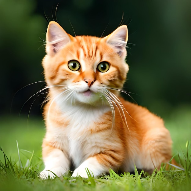 A cat with a green eye sits in the grass.