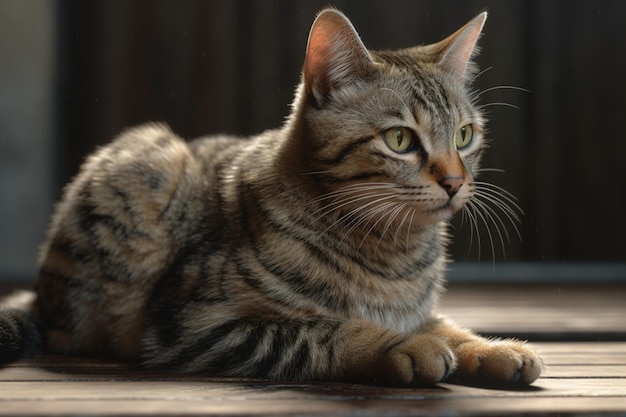 A cat with a green eye sits on a table.