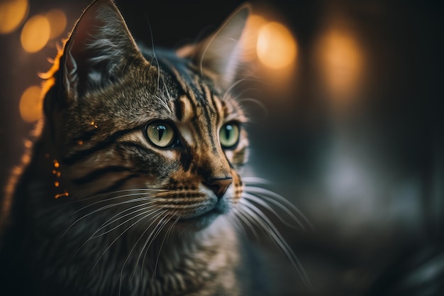 A cat with green eyes and a black background