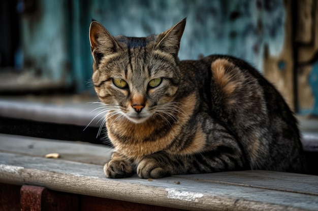 A cat with green eyes and a black and brown striped fur