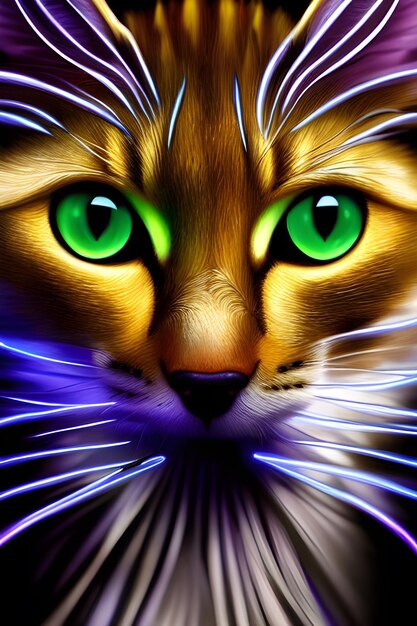 A cat with green eyes and a blue background