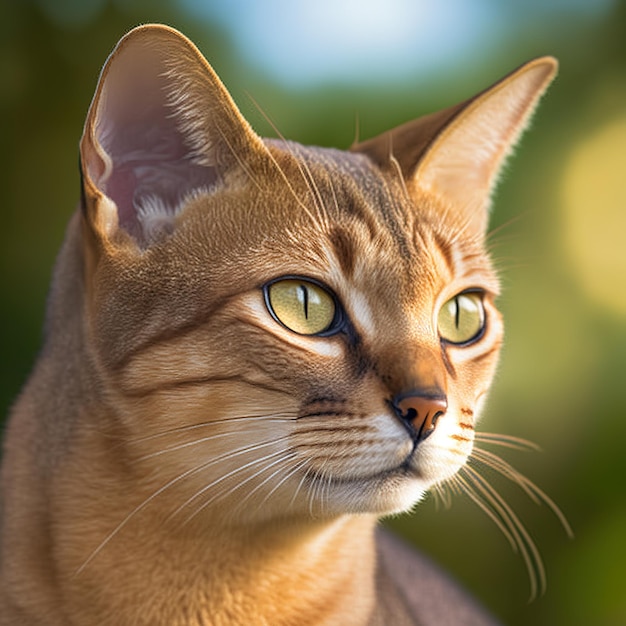 緑の目と茶色と白の顔を持つ猫。