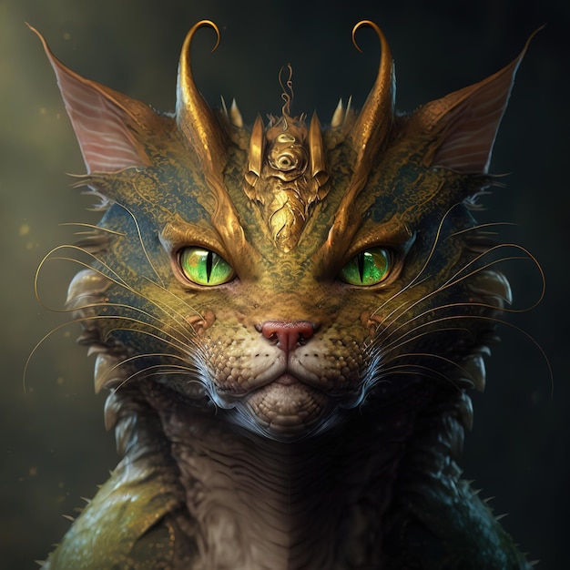 A cat with green eyes and a gold dragon on its head.