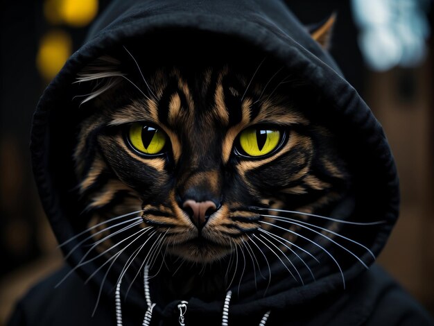 A cat with green eyes and a hoodie