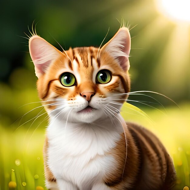 A cat with green eyes is on a field of grass.