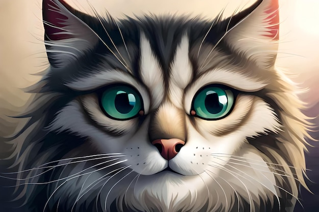 A cat with green eyes is shown on a colorful background.