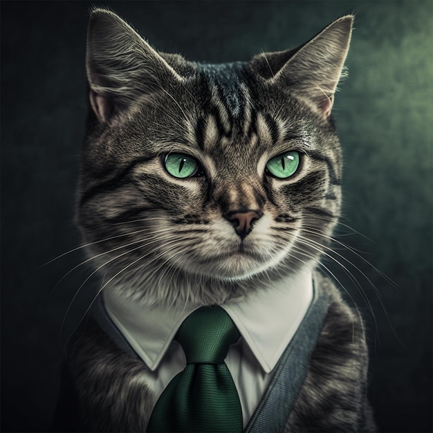 A cat with green eyes is wearing a tie.