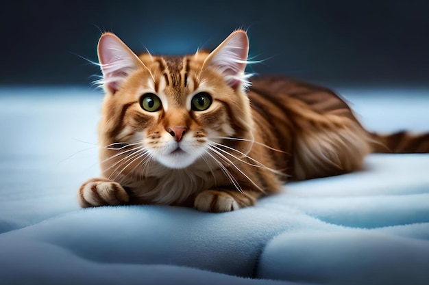 A cat with green eyes lies on a blue blanket.