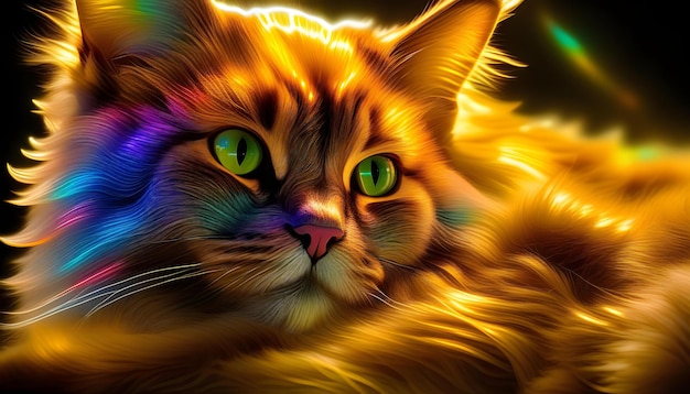 a cat with green eyes and a rainbow colored background