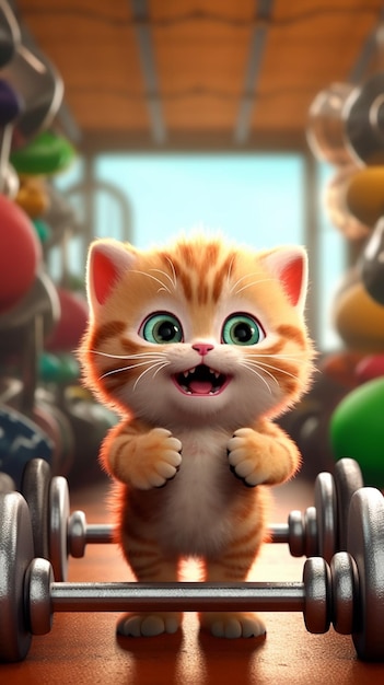 A cat with green eyes sits on a barbell.