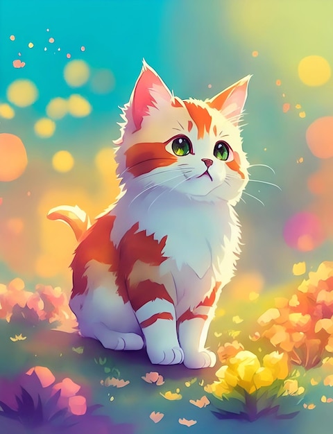 A cat with green eyes sits in a field of flowers.