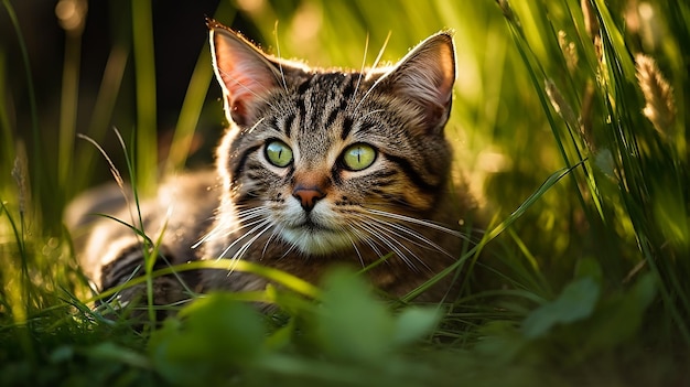 a cat with green eyes sits in the grass