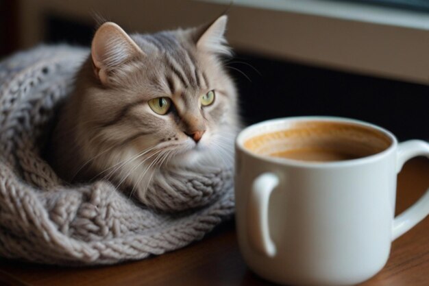 a cat with green eyes sits next to a mug of coffee