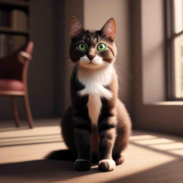 A cat with green eyes sits in a room with a window.
